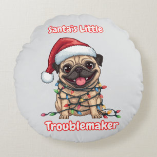 Santa’s Little Troublemaker Pug Round Pillow