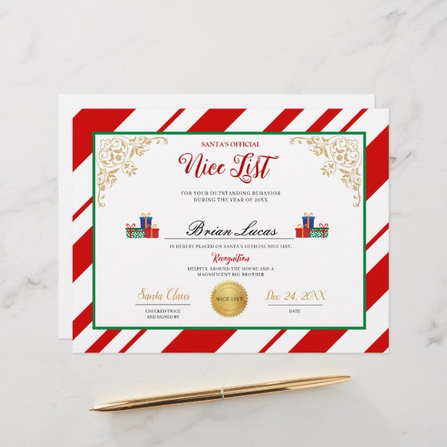 Santa’s Nice List certificate  (Front/Back In Situ)