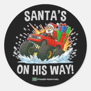 Santa’s On His Way! Fun Red Monster Truck Christma Classic Round Sticker