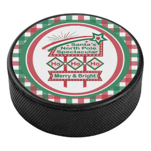 Santa’s Retro Marquee – Ho Ho Ho Merry & Bright Hockey Puck