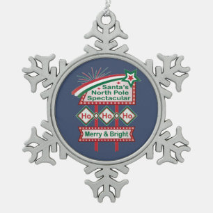 Santa’s Retro Marquee – Ho Ho Ho Merry & Bright Snowflake Pewter Christmas Ornament