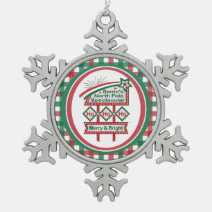 Santa’s Retro Marquee – Ho Ho Ho Merry & Bright Snowflake Pewter Christmas Ornament