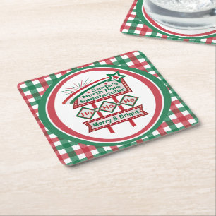 Santa’s Retro Marquee – Ho Ho Ho Merry & Bright Square Paper Coaster