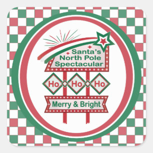 Santa’s Retro Marquee – Ho Ho Ho Merry & Bright Square Sticker