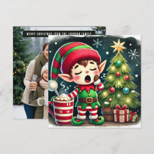 Santa’s Sleepy Helper Sleeping on gifts Holiday Card
