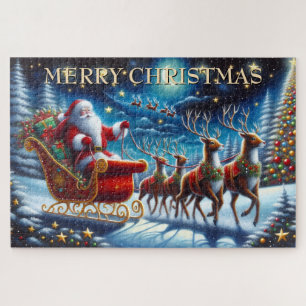 Santa’s Sleigh and Reindeer on Christmas Night Jigsaw Puzzle