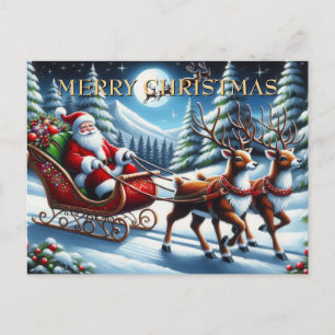 Santa’s Sleigh Through Snowy Forest at Christmas Holiday Postcard