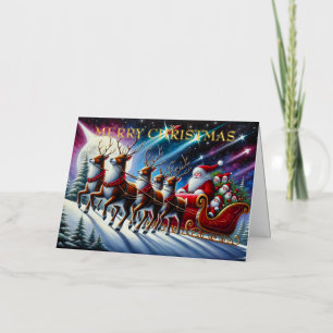 Santa’s Sleigh with Six Reindeer Under Aurora Sky Foil Holiday Card
