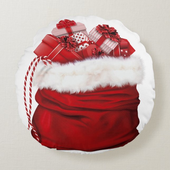 Santa Sack Full of Gifts Christmas Holiday Round Cushion (Front)
