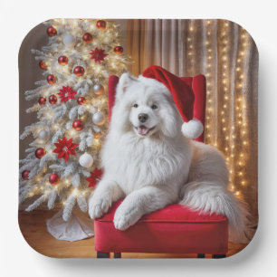 Santa Samoyed Dog On a Red Chair Paper Plate