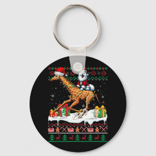 Santa Samoyed Riding Giraffe Christmas Sweater Lov Key Ring