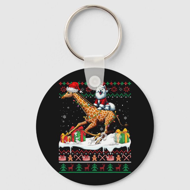 Santa Samoyed Riding Giraffe Christmas Sweater Lov Key Ring (Front)