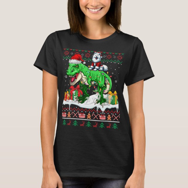 Santa Samoyed Riding T-rex Christmas Sweater Lover (Front)