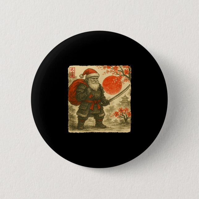 Santa Samurai Japanese Warrior Costume Sumi-e Art  6 Cm Round Badge (Front)