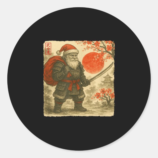 Santa Samurai Japanese Warrior Costume Sumi-e Art  Classic Round Sticker (Front)