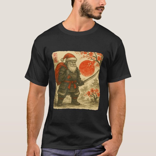 Santa Samurai Japanese Warrior Costume Sumi-e Art  T-Shirt (Front)