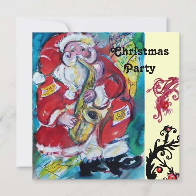 SANTA & SAX, CHRISTMAS PARTY Gold Metallic Invitation (Front)