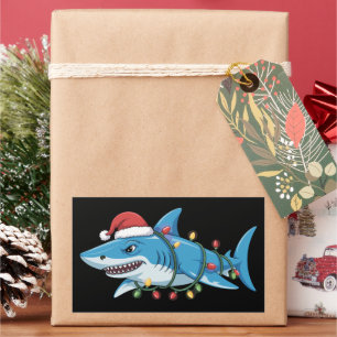 Santa Shark Christmas Lights Sharkmas Tree Xmas Rectangular Sticker