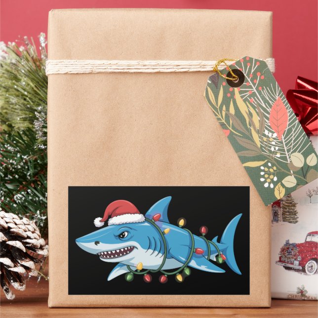 Santa Shark Christmas Lights Sharkmas Tree Xmas Rectangular Sticker (Holiday)
