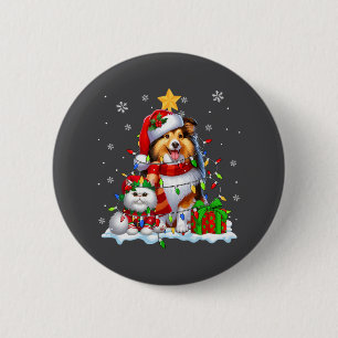 Santa Sheltie With Elf Cat Christmas Lights Owner 6 Cm Round Badge