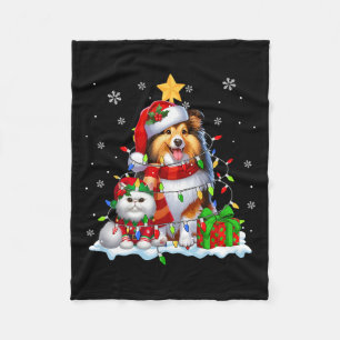 Santa Sheltie With Elf Cat Christmas Lights Owner  Fleece Blanket
