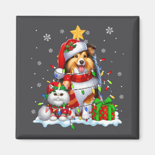 Santa Sheltie With Elf Cat Christmas Lights Owner Magnet