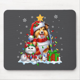 Santa Sheltie With Elf Cat Christmas Lights Owner Mouse Pad