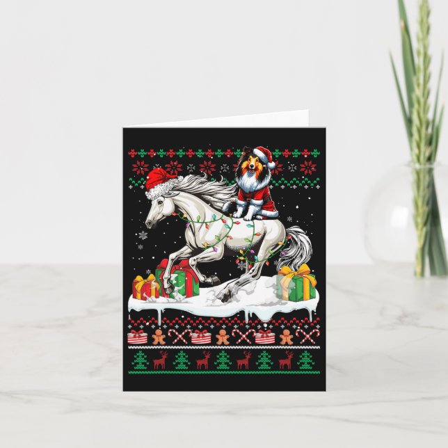 Santa Shetland Sheepdog Riding Horse Christmas Swe Card (Front)