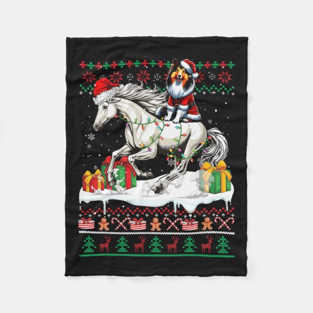 Santa Shetland Sheepdog Riding Horse Christmas Swe Fleece Blanket (Front)