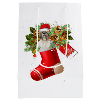 Santa Shih Tzu In Christmas Sock | X-mas Gift Medium Gift Bag