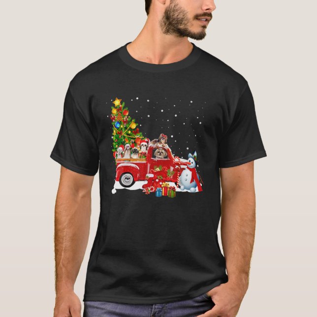 Santa Shih Tzu Ride Red Truck Christmas Pajama Shi T-Shirt (Front)