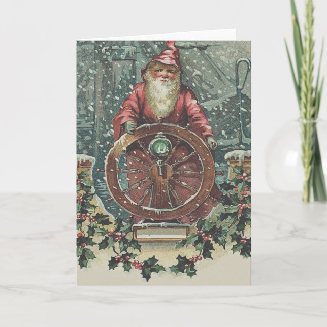 Santa Ship Boat Snow Storm Holly Holiday Card (Front)