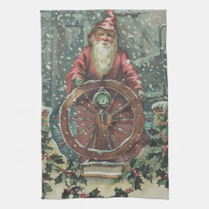 Santa Ship Boat Snow Storm Holly Tea Towel