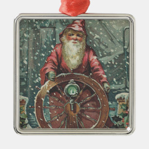 Santa Ship Boat Snow Storm Metal Tree Decoration