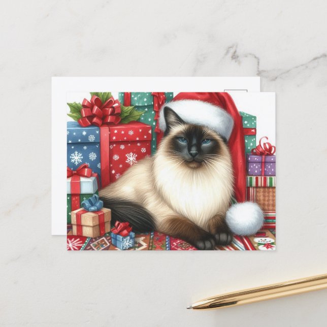 Santa Siamese Cat Christmas Holiday  Postcard (Front/Back In Situ)