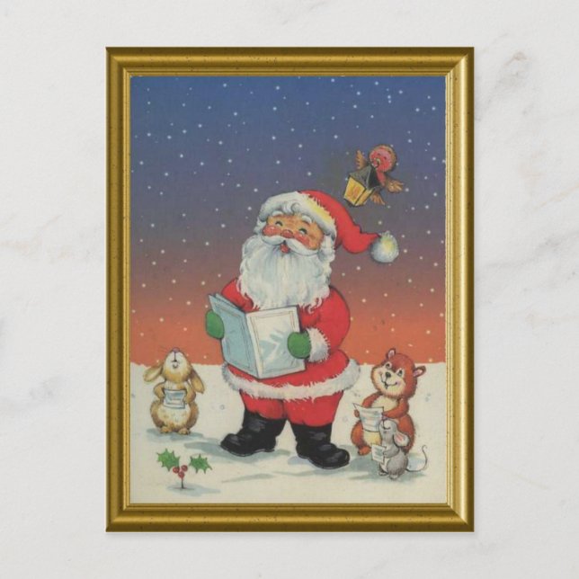 Santa, singing carols with the animals holiday postcard (Front)