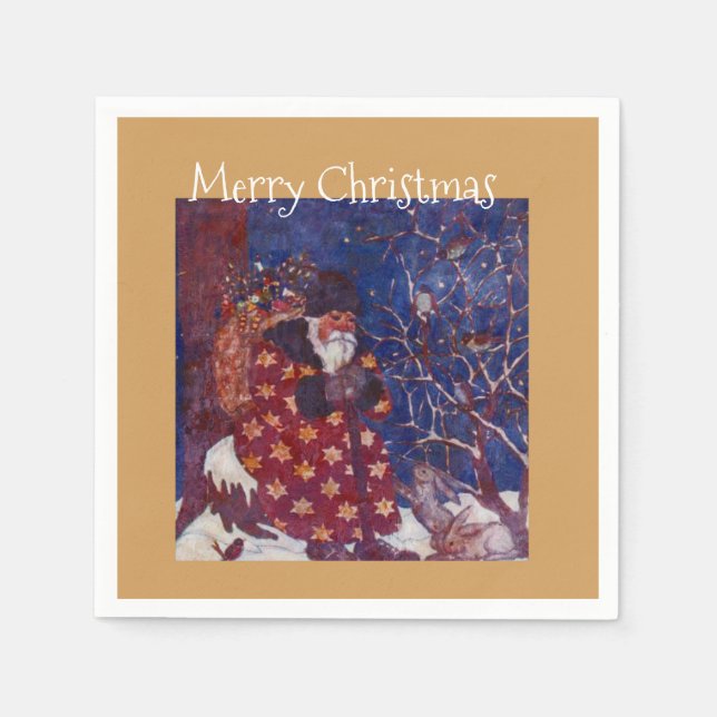 Santa Sitting On A Snowy Log Napkin (Front)