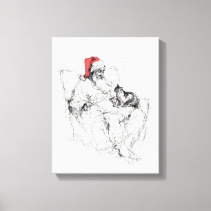 Santa Sitting with Cat on Lap Canvas Print