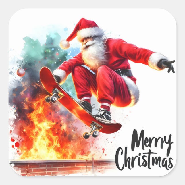 Santa Skateboarding Over a Festive Fire Square Sticker (Front)