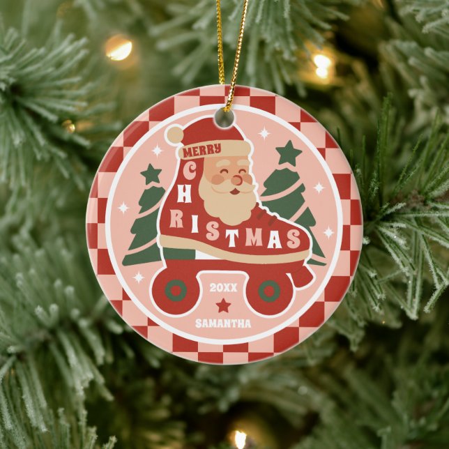 Santa Skates | Retro Roller Skating Christmas Ceramic Tree Decoration (Tree)