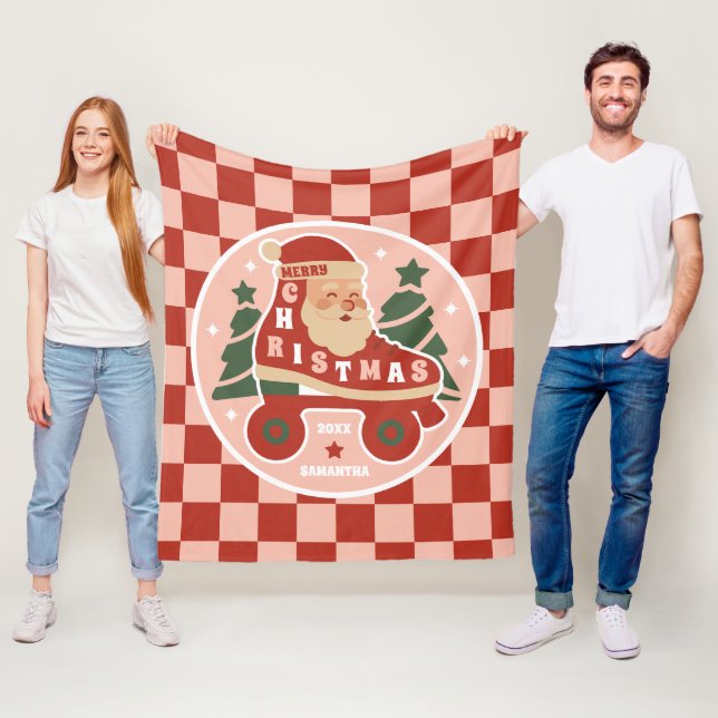 Santa Skates | Retro Roller Skating Christmas Fleece Blanket (In Situ)