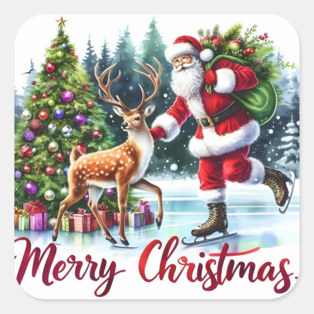 Santa Skating With Reindeer by Trees Square Sticker (Front)