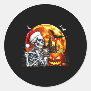 Santa Skeleton Drinking Coffee Halloween Carved Pu Classic Round Sticker