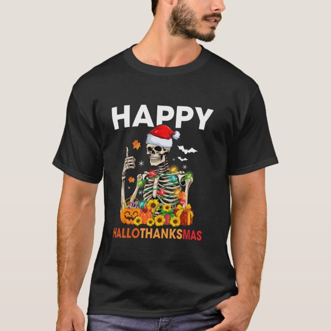 Santa Skeleton Fall Leaf Xmas Lights Happy HalloTh T-Shirt (Front)