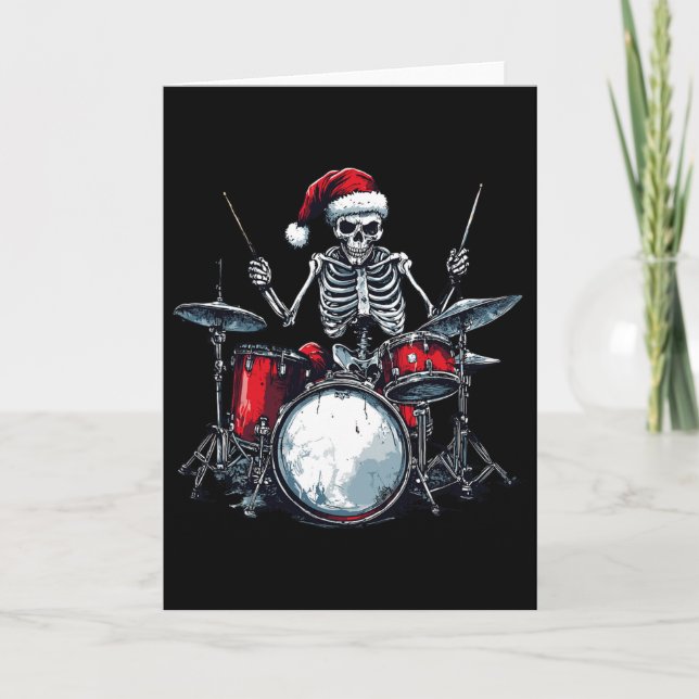 Santa Skeleton Playing Drum Percussionist Drummer  Card (Front)
