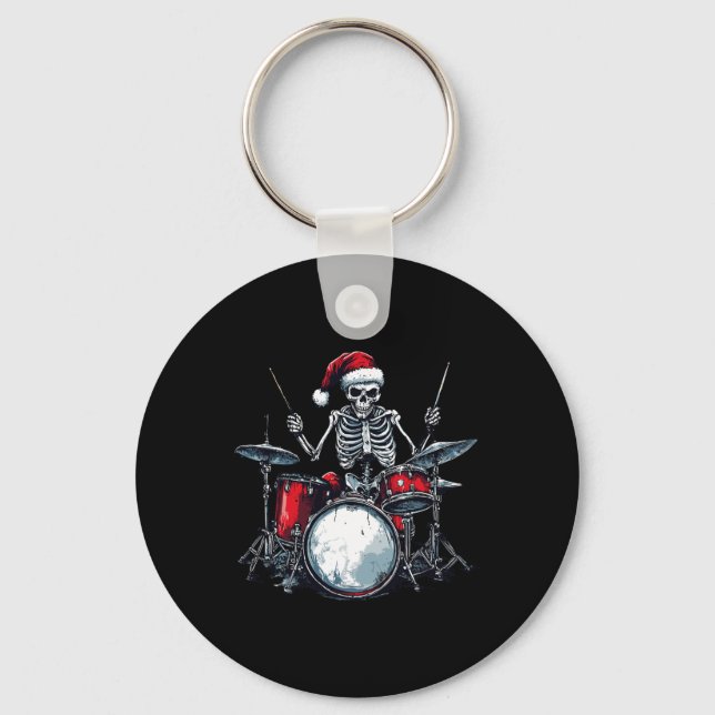 Santa Skeleton Playing Drum Percussionist Drummer  Key Ring (Front)