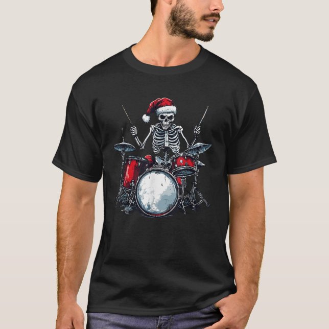 Santa Skeleton Playing Drum Percussionist Drummer  T-Shirt (Front)