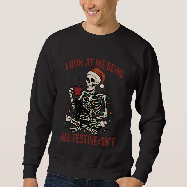 Santa Skeleton with Cat Holiday Snark Sweatshirt (Front)