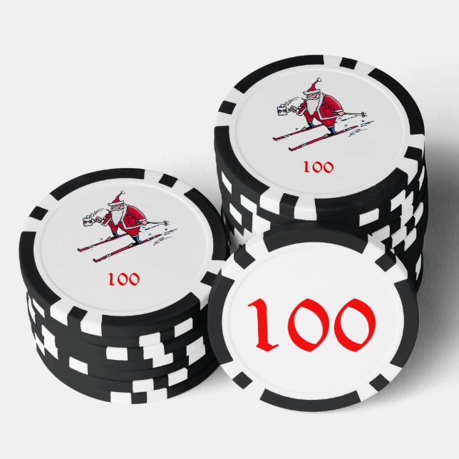 Santa Skiing black 100 striped poker chip (Stack)