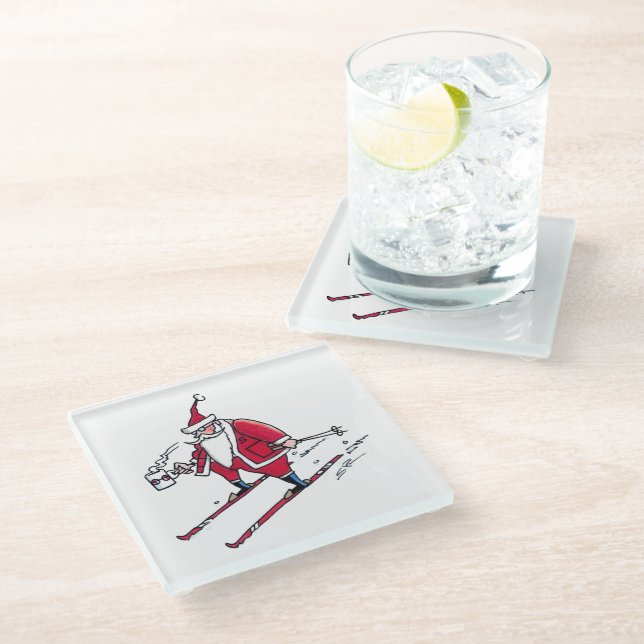 Santa Skiing clear glass coaster (Angled)